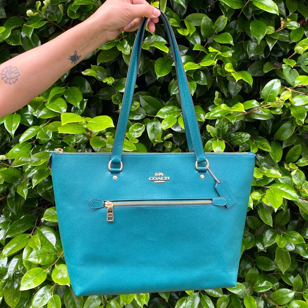 COACH Gallery City Teal Green Zip-Front Leather Tote w. Gold Hardware NEW- 79608